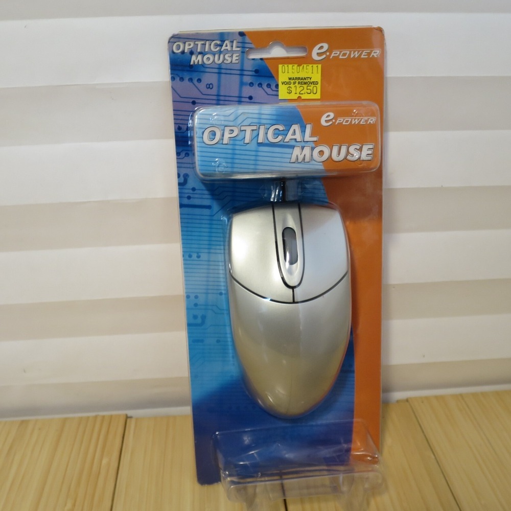 NOS‎ Vintage E-power PS2 Optical Mouse 800 DPI with Scroll Wheel - Silver & Red